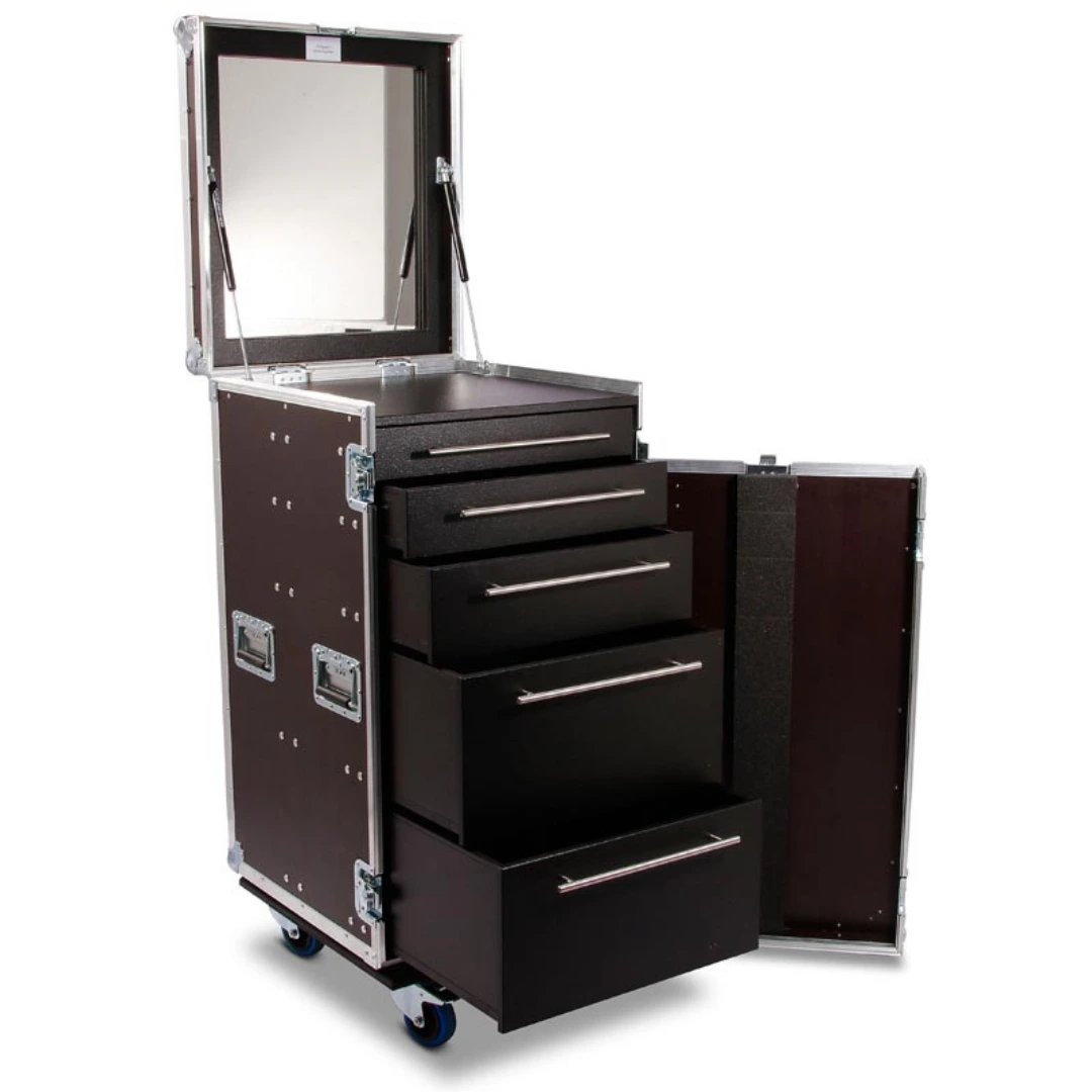 Individuelles Flightcase von L.T. Cases als mobiles Garderoben-Case mit Spiegel und Schubladen