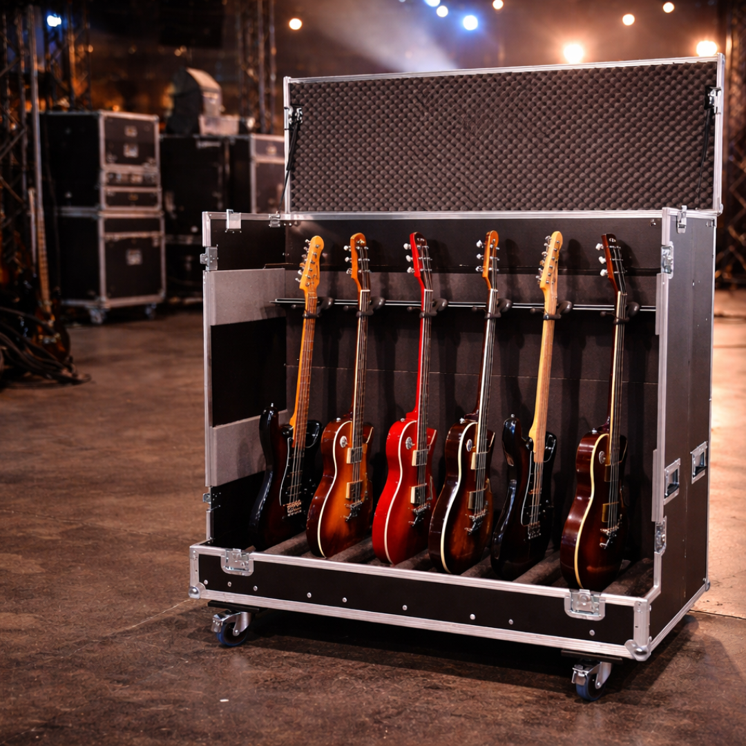 Maßgeschneidertes Instrumentencase von L.T. Cases für sicheren Transport mehrerer Gitarren